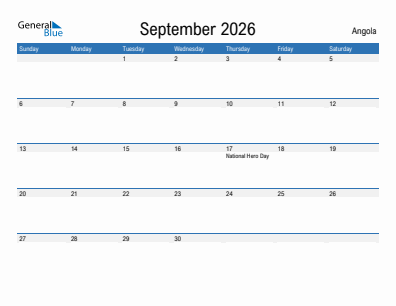 Current month calendar with Angola holidays for September 2026