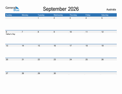 Current month calendar with Australia holidays for September 2026