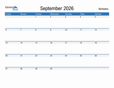 Current month calendar with Barbados holidays for September 2026