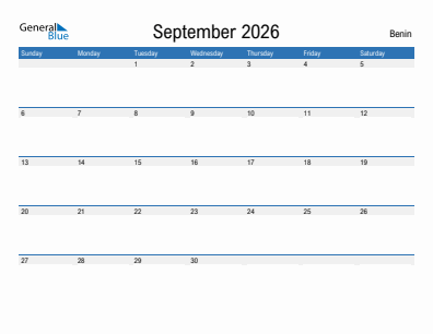 Current month calendar with Benin holidays for September 2026