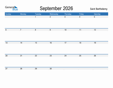 Current month calendar with Saint Barthelemy holidays for September 2026