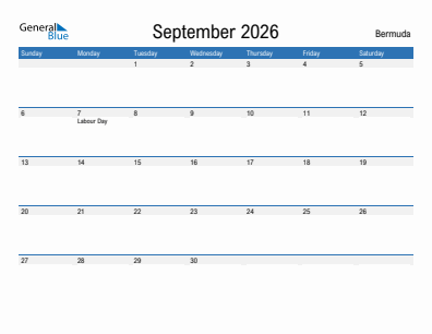 Current month calendar with Bermuda holidays for September 2026