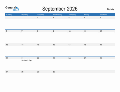 Current month calendar with Bolivia holidays for September 2026