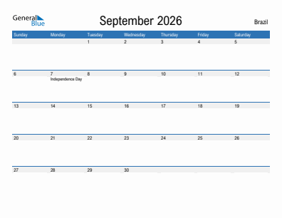 Current month calendar with Brazil holidays for September 2026