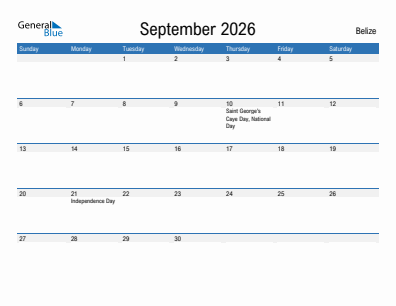 Current month calendar with Belize holidays for September 2026