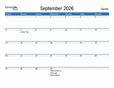 Current month calendar with Canada holidays for September 2026