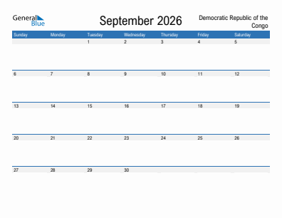 Current month calendar with Democratic Republic of the Congo holidays for September 2026