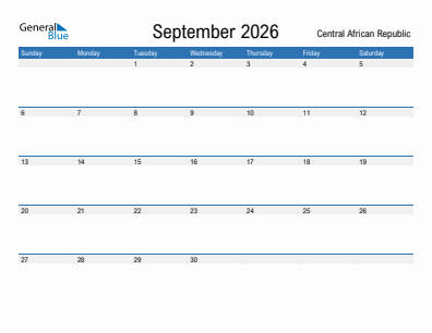 Current month calendar with Central African Republic holidays for September 2026