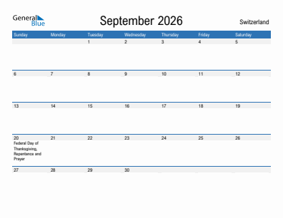 Current month calendar with Switzerland holidays for September 2026