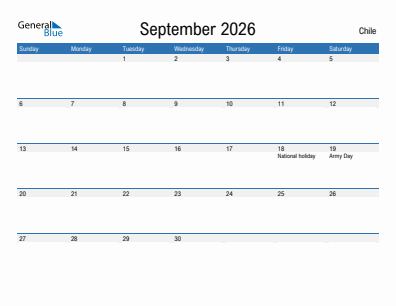 Current month calendar with Chile holidays for September 2026