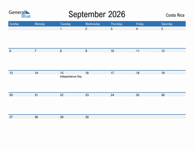 Current month calendar with Costa Rica holidays for September 2026