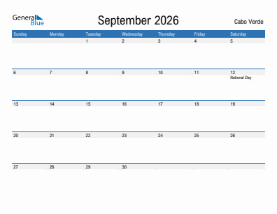 Current month calendar with Cabo Verde holidays for September 2026