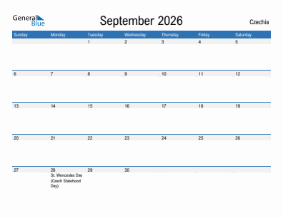 Current month calendar with Czechia holidays for September 2026