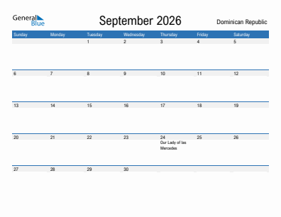 Current month calendar with Dominican Republic holidays for September 2026