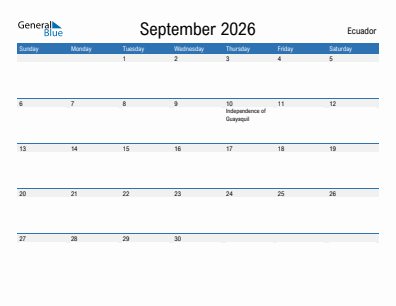 Current month calendar with Ecuador holidays for September 2026