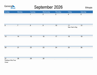 Current month calendar with Ethiopia holidays for September 2026
