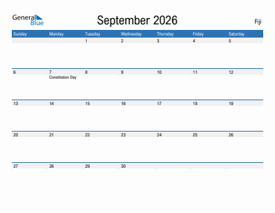 Current month calendar with Fiji holidays for September 2026