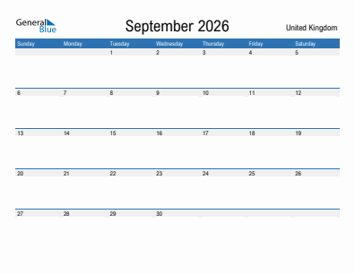 Current month calendar with United Kingdom holidays for September 2026