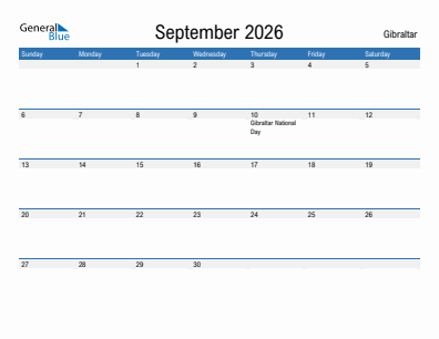 Current month calendar with Gibraltar holidays for September 2026