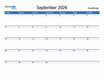 Current month calendar with Guadeloupe holidays for September 2026
