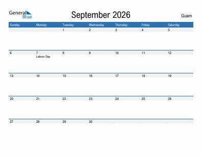 Current month calendar with Guam holidays for September 2026