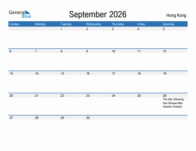 Current month calendar with Hong Kong holidays for September 2026