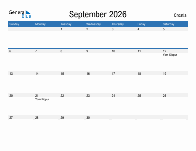 Current month calendar with Croatia holidays for September 2026