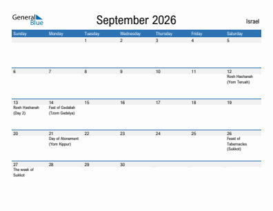 Current month calendar with Israel holidays for September 2026