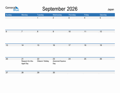 Current month calendar with Japan holidays for September 2026