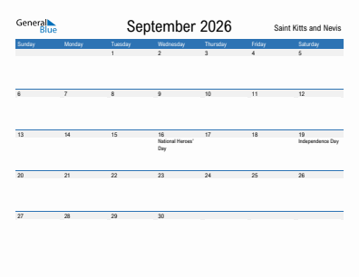 Current month calendar with Saint Kitts and Nevis holidays for September 2026