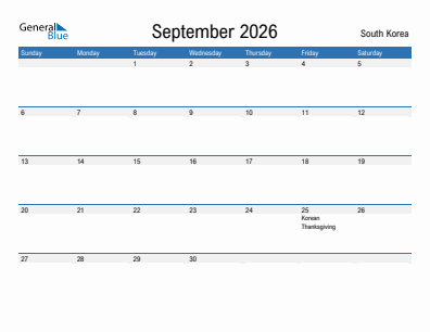Current month calendar with South Korea holidays for September 2026