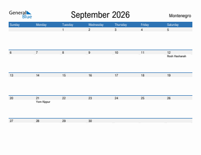 Current month calendar with Montenegro holidays for September 2026