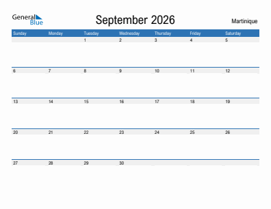 Current month calendar with Martinique holidays for September 2026