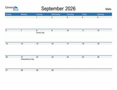 Current month calendar with Malta holidays for September 2026