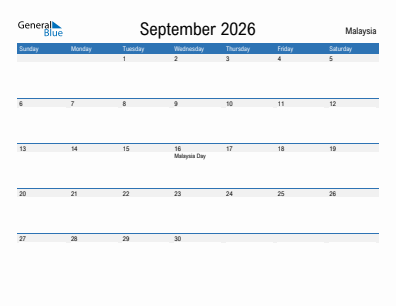 Current month calendar with Malaysia holidays for September 2026