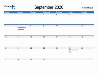 Current month calendar with Mozambique holidays for September 2026