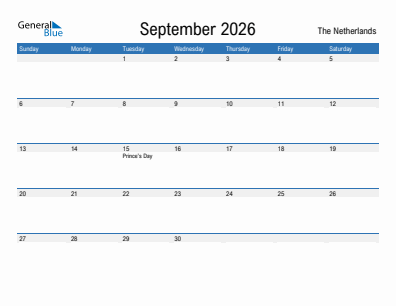 Current month calendar with The Netherlands holidays for September 2026