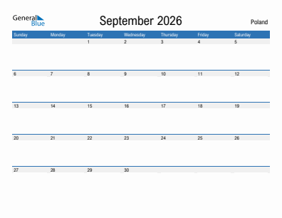 Current month calendar with Poland holidays for September 2026