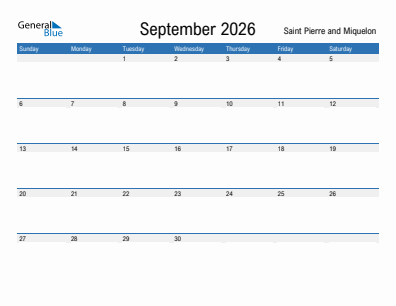 Current month calendar with Saint Pierre and Miquelon holidays for September 2026