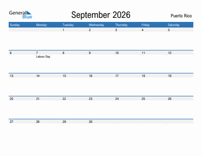 Current month calendar with Puerto Rico holidays for September 2026