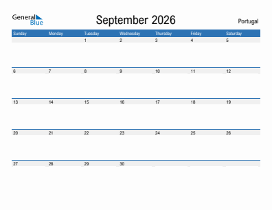 Current month calendar with Portugal holidays for September 2026