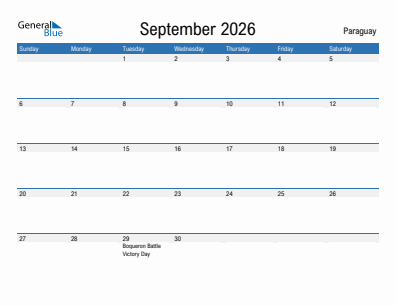 Current month calendar with Paraguay holidays for September 2026
