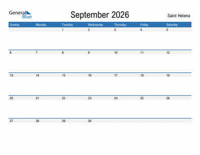 Current month calendar with Saint Helena holidays for September 2026