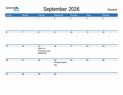 Current month calendar with Slovenia holidays for September 2026