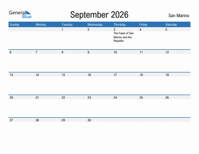 Current month calendar with San Marino holidays for September 2026