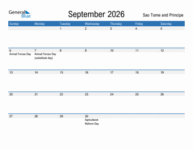 Current month calendar with Sao Tome and Principe holidays for September 2026