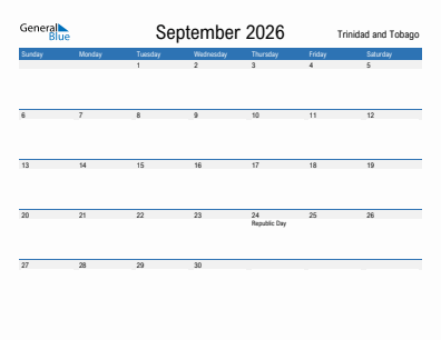 Current month calendar with Trinidad and Tobago holidays for September 2026