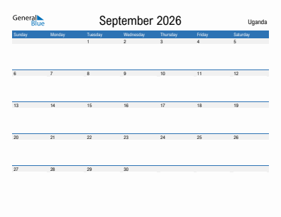 Current month calendar with Uganda holidays for September 2026