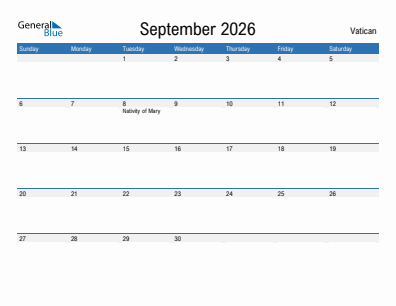 Current month calendar with Vatican holidays for September 2026