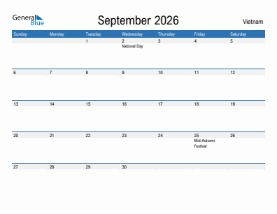 Current month calendar with Vietnam holidays for September 2026